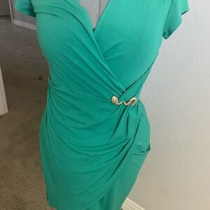 Cache Asymmetrical Green Dress with Gold Snake sewn into waist